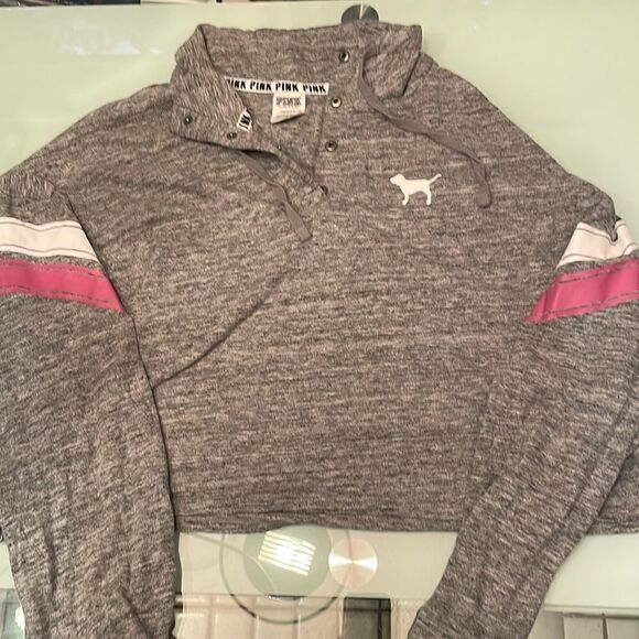 Pink hoodie draw string large logo on front grey white/pink stripes on sleeves - Picture 1 of 6